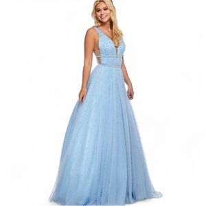 Sherri Hill Blue Cinderella Ballgown Layered Pearl Studded Deep V Dress Size 2